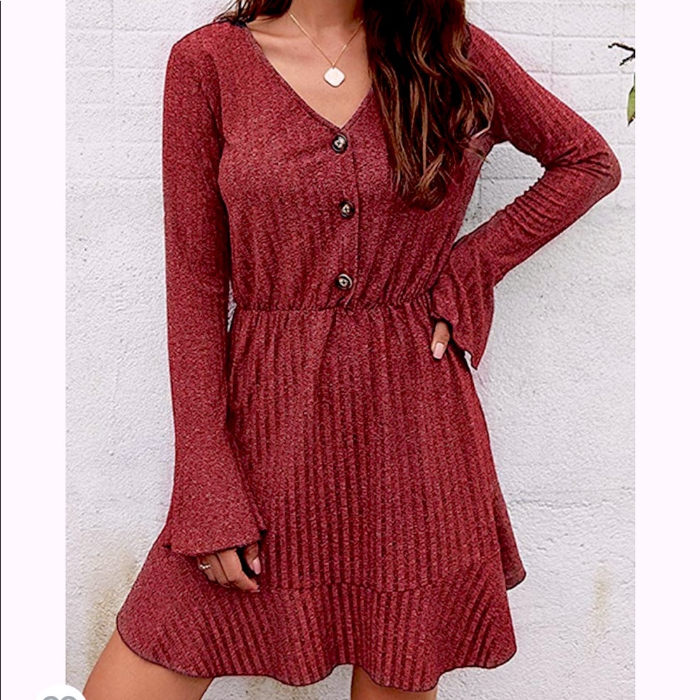 Flowy Bell Sleeve V-Neck Swing Dress